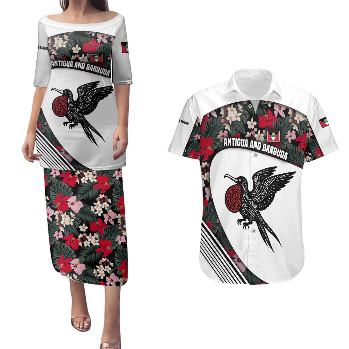 Antigua and Barbuda Hummingbird Couples Matching Puletasi and Hawaiian Shirt with Tribal Bird and Tropical Floral Design with Island Flag - Wonder Print Shop