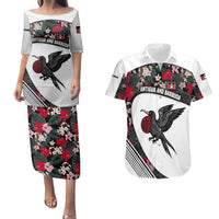 Antigua and Barbuda Hummingbird Couples Matching Puletasi and Hawaiian Shirt with Tribal Bird and Tropical Floral Design with Island Flag - Wonder Print Shop