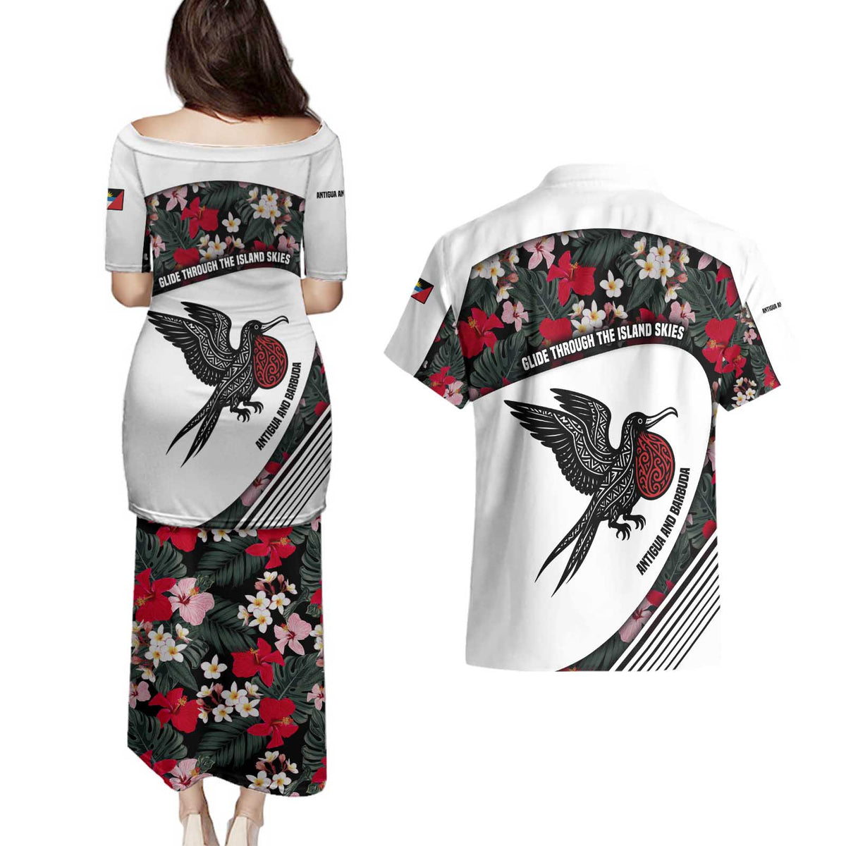 Antigua and Barbuda Hummingbird Couples Matching Puletasi and Hawaiian Shirt with Tribal Bird and Tropical Floral Design with Island Flag - Wonder Print Shop
