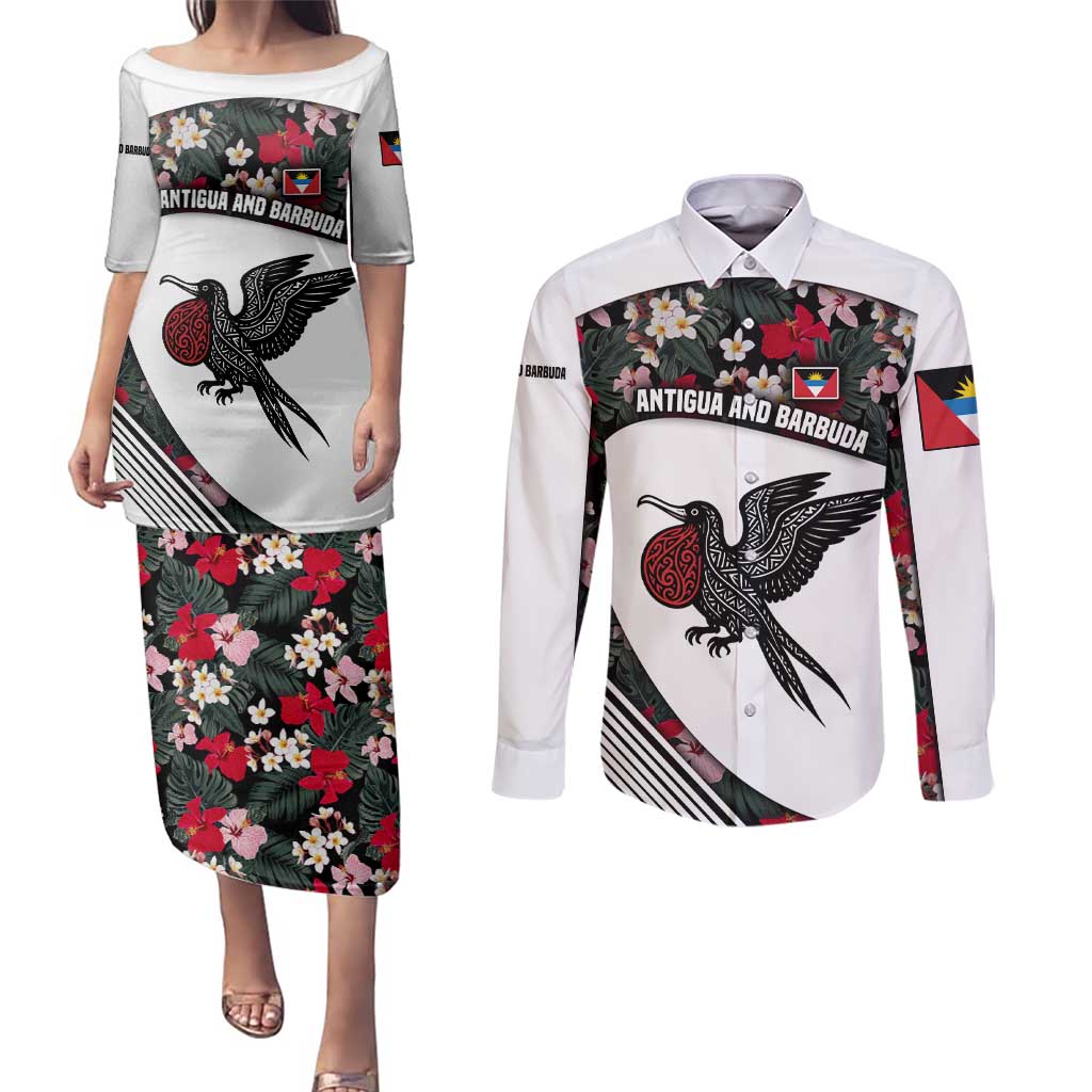 Antigua and Barbuda Hummingbird Couples Matching Puletasi and Long Sleeve Button Shirt with Tribal Bird and Tropical Floral Design with Island Flag - Wonder Print Shop