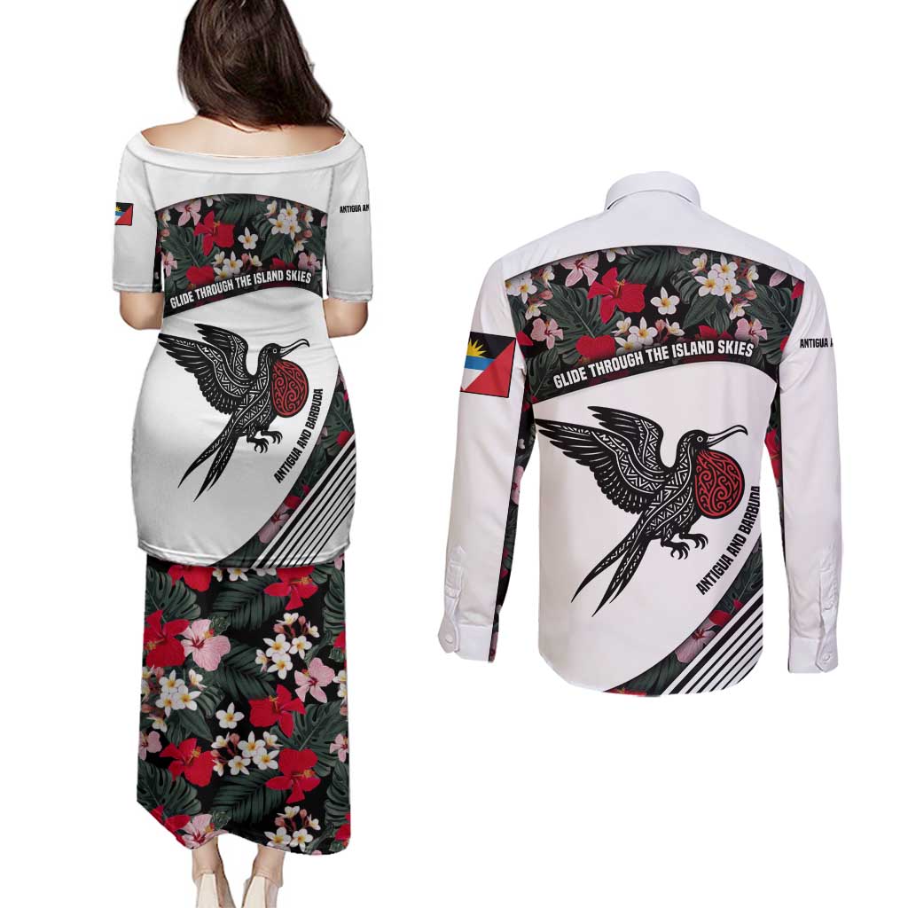 Antigua and Barbuda Hummingbird Couples Matching Puletasi and Long Sleeve Button Shirt with Tribal Bird and Tropical Floral Design with Island Flag - Wonder Print Shop