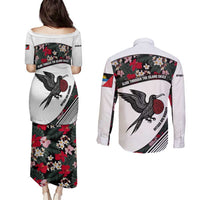 Antigua and Barbuda Hummingbird Couples Matching Puletasi and Long Sleeve Button Shirt with Tribal Bird and Tropical Floral Design with Island Flag - Wonder Print Shop