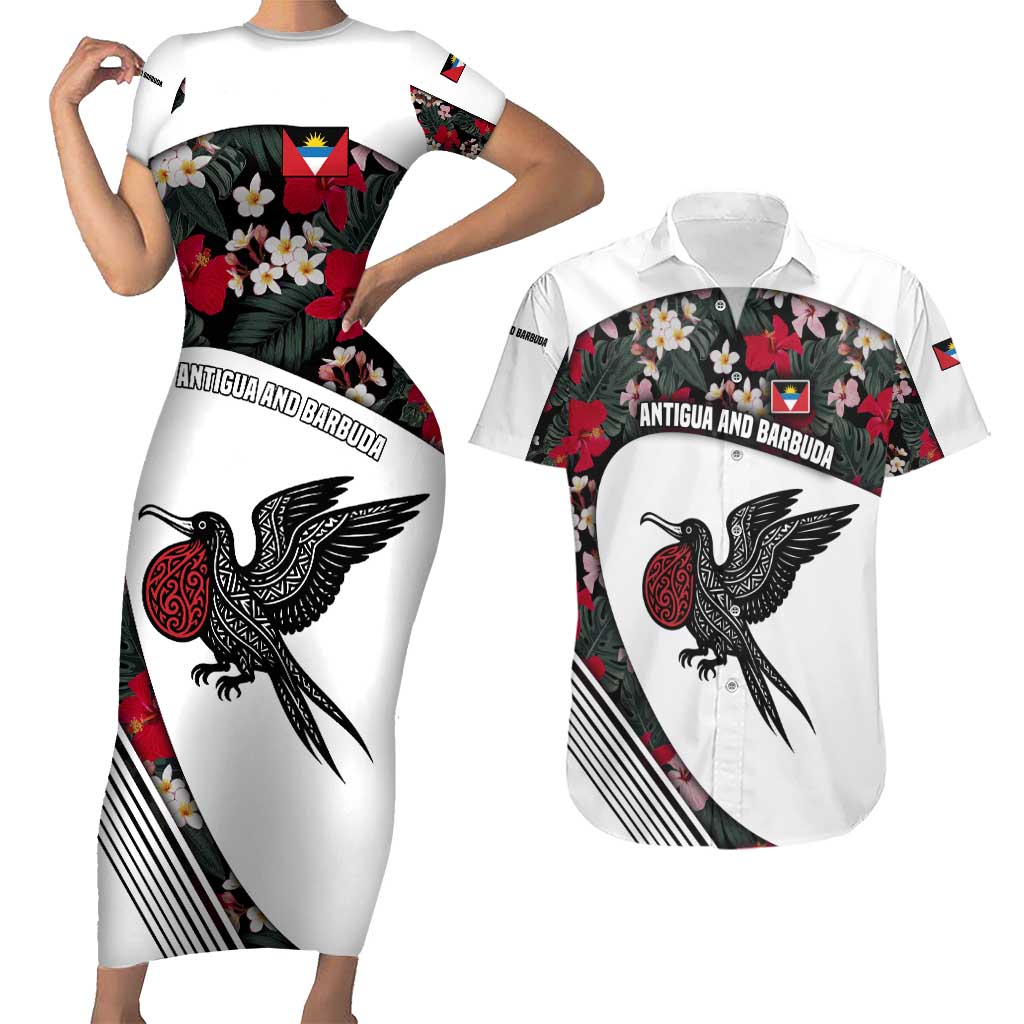 Antigua and Barbuda Hummingbird Couples Matching Short Sleeve Bodycon Dress and Hawaiian Shirt with Tribal Bird and Tropical Floral Design with Island Flag - Wonder Print Shop