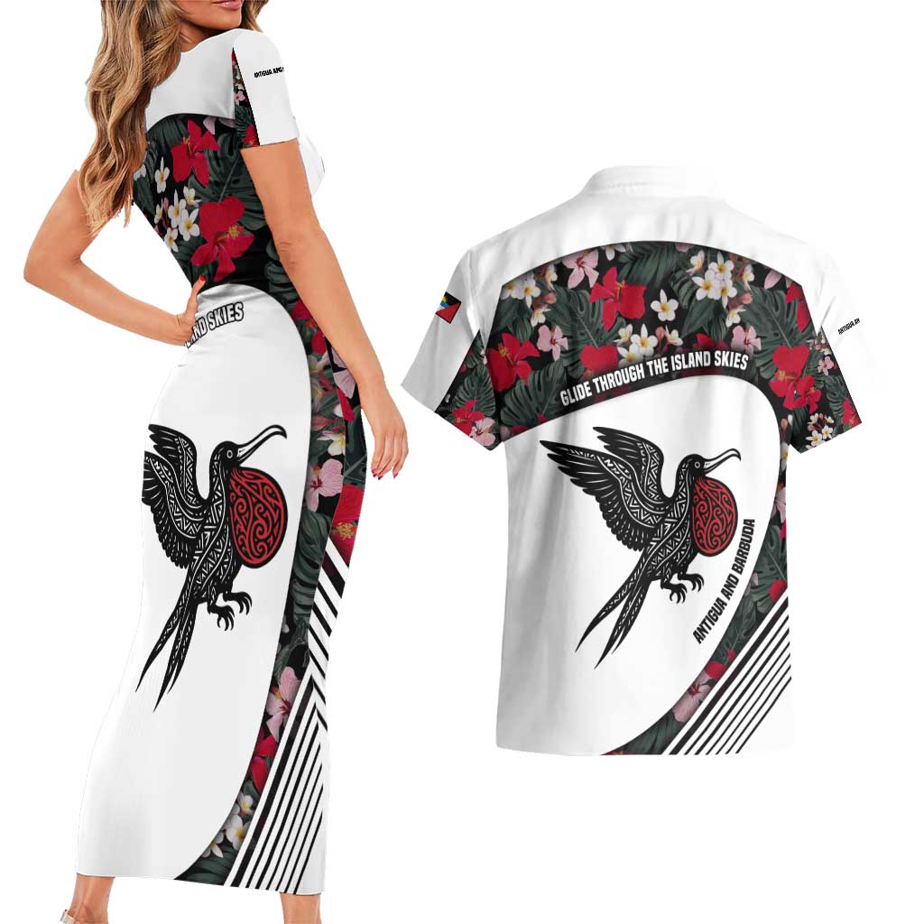 Antigua and Barbuda Hummingbird Couples Matching Short Sleeve Bodycon Dress and Hawaiian Shirt with Tribal Bird and Tropical Floral Design with Island Flag - Wonder Print Shop