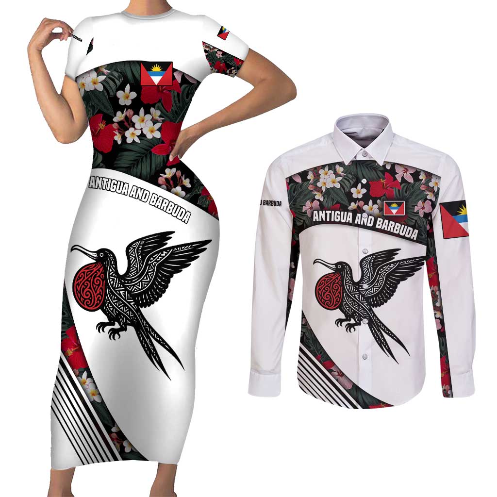 Antigua and Barbuda Hummingbird Couples Matching Short Sleeve Bodycon Dress and Long Sleeve Button Shirt with Tribal Bird and Tropical Floral Design with Island Flag - Wonder Print Shop