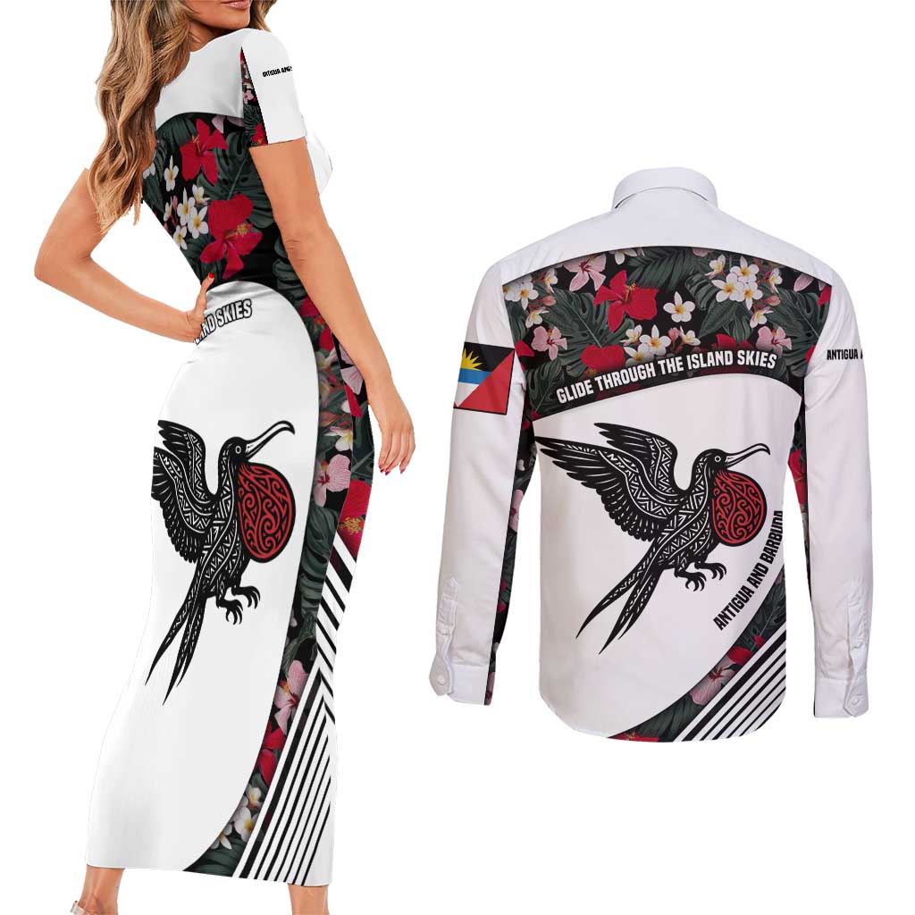 Antigua and Barbuda Hummingbird Couples Matching Short Sleeve Bodycon Dress and Long Sleeve Button Shirt with Tribal Bird and Tropical Floral Design with Island Flag - Wonder Print Shop