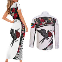 Antigua and Barbuda Hummingbird Couples Matching Short Sleeve Bodycon Dress and Long Sleeve Button Shirt with Tribal Bird and Tropical Floral Design with Island Flag - Wonder Print Shop
