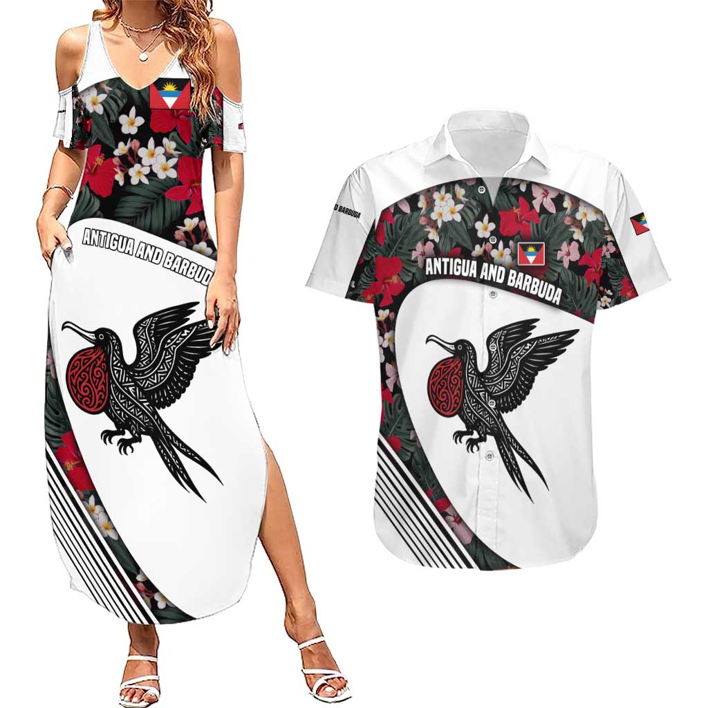 Antigua and Barbuda Hummingbird Couples Matching Summer Maxi Dress and Hawaiian Shirt with Tribal Bird and Tropical Floral Design with Island Flag - Wonder Print Shop