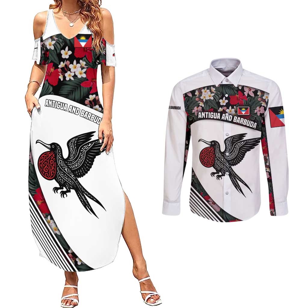 Antigua and Barbuda Hummingbird Couples Matching Summer Maxi Dress and Long Sleeve Button Shirt with Tribal Bird and Tropical Floral Design with Island Flag - Wonder Print Shop