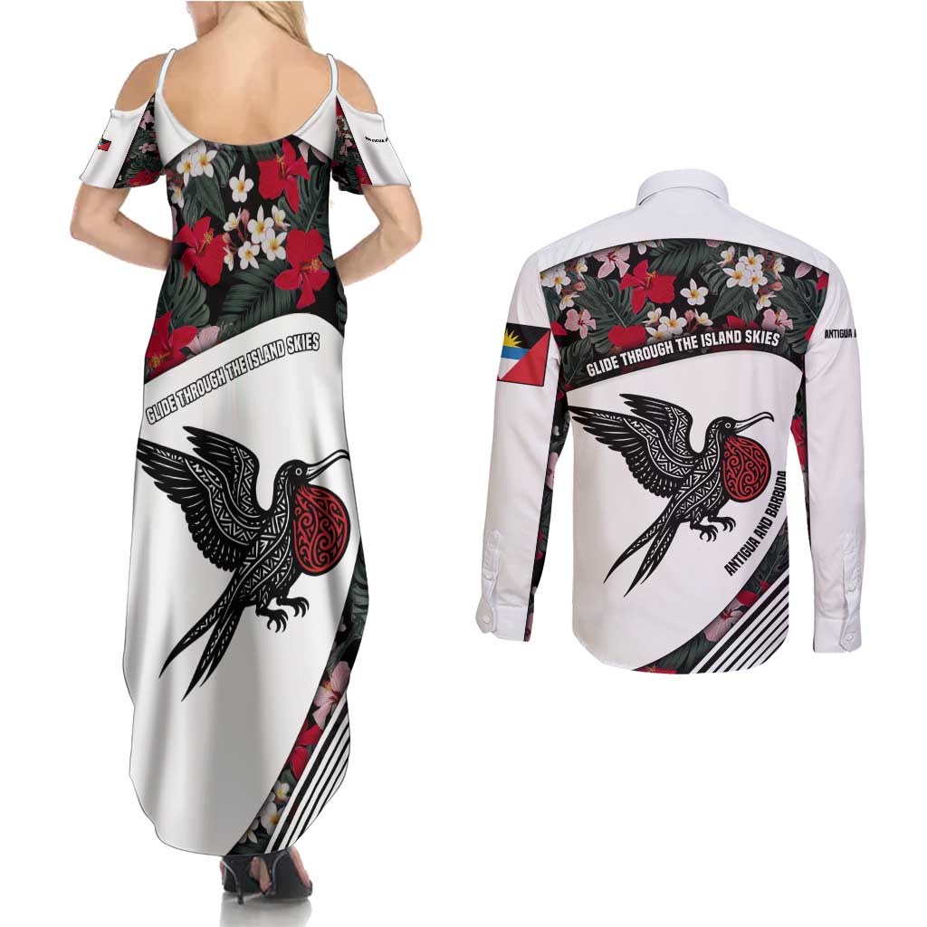 Antigua and Barbuda Hummingbird Couples Matching Summer Maxi Dress and Long Sleeve Button Shirt with Tribal Bird and Tropical Floral Design with Island Flag - Wonder Print Shop