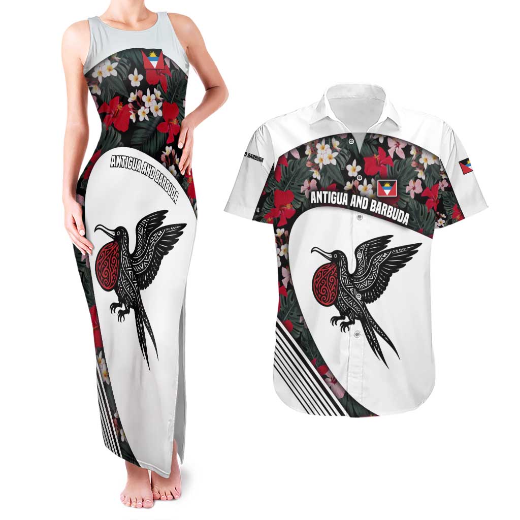 Antigua and Barbuda Hummingbird Couples Matching Tank Maxi Dress and Hawaiian Shirt with Tribal Bird and Tropical Floral Design with Island Flag - Wonder Print Shop