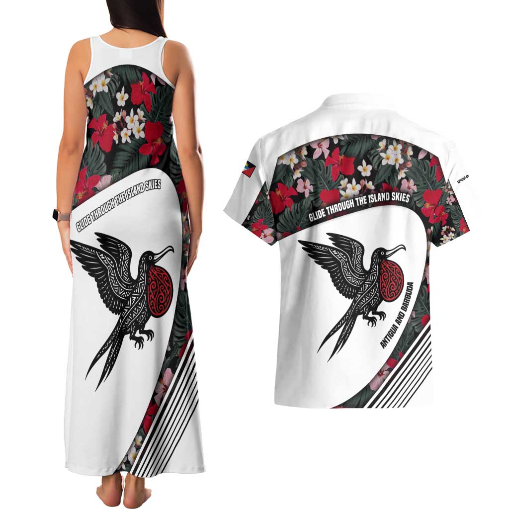 Antigua and Barbuda Hummingbird Couples Matching Tank Maxi Dress and Hawaiian Shirt with Tribal Bird and Tropical Floral Design with Island Flag - Wonder Print Shop
