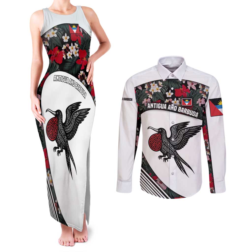 Antigua and Barbuda Hummingbird Couples Matching Tank Maxi Dress and Long Sleeve Button Shirt with Tribal Bird and Tropical Floral Design with Island Flag - Wonder Print Shop