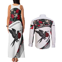 Antigua and Barbuda Hummingbird Couples Matching Tank Maxi Dress and Long Sleeve Button Shirt with Tribal Bird and Tropical Floral Design with Island Flag - Wonder Print Shop