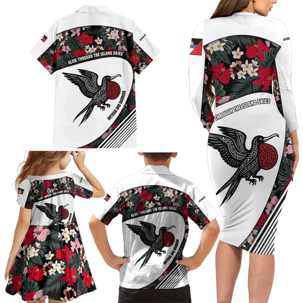 Antigua and Barbuda Hummingbird Family Matching Long Sleeve Bodycon Dress and Hawaiian Shirt with Tribal Bird and Tropical Floral Design with Island Flag - Wonder Print Shop