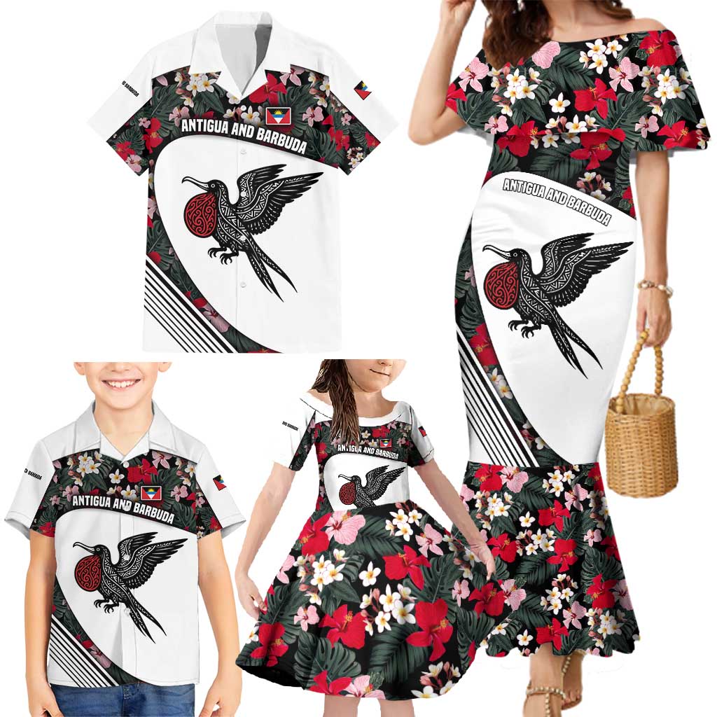 Antigua and Barbuda Hummingbird Family Matching Mermaid Dress and Hawaiian Shirt with Tribal Bird and Tropical Floral Design with Island Flag - Wonder Print Shop
