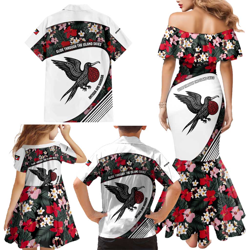 Antigua and Barbuda Hummingbird Family Matching Mermaid Dress and Hawaiian Shirt with Tribal Bird and Tropical Floral Design with Island Flag - Wonder Print Shop