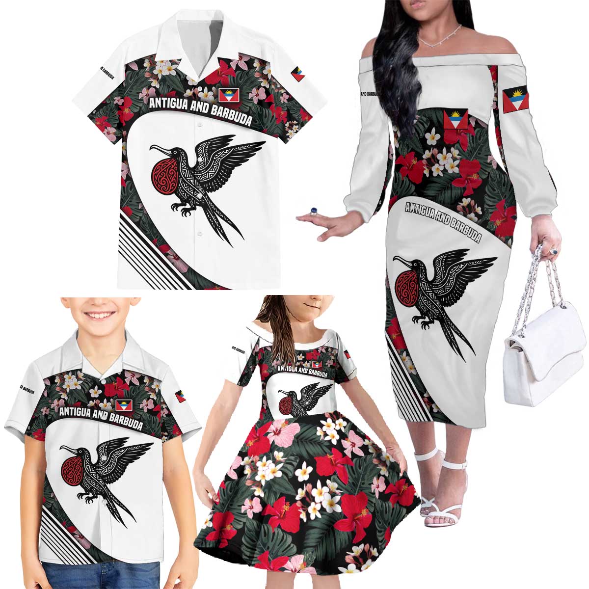 Antigua and Barbuda Hummingbird Family Matching Off The Shoulder Long Sleeve Dress and Hawaiian Shirt with Tribal Bird and Tropical Floral Design with Island Flag - Wonder Print Shop