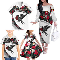 Antigua and Barbuda Hummingbird Family Matching Off The Shoulder Long Sleeve Dress and Hawaiian Shirt with Tribal Bird and Tropical Floral Design with Island Flag - Wonder Print Shop