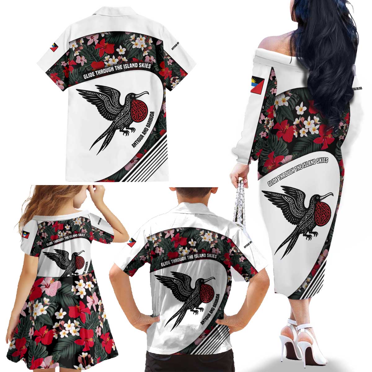 Antigua and Barbuda Hummingbird Family Matching Off The Shoulder Long Sleeve Dress and Hawaiian Shirt with Tribal Bird and Tropical Floral Design with Island Flag - Wonder Print Shop