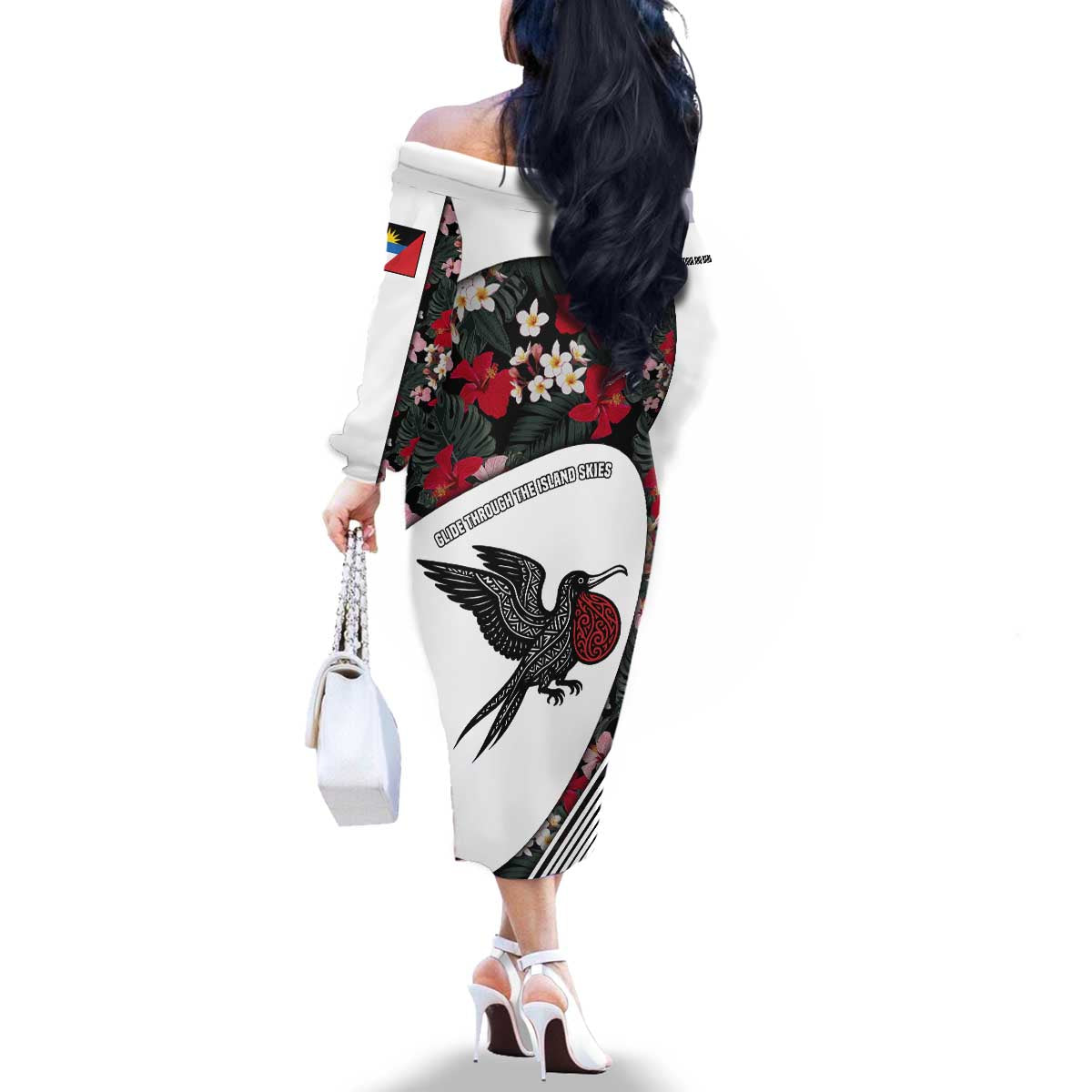 Antigua and Barbuda Hummingbird Family Matching Off The Shoulder Long Sleeve Dress and Hawaiian Shirt with Tribal Bird and Tropical Floral Design with Island Flag - Wonder Print Shop