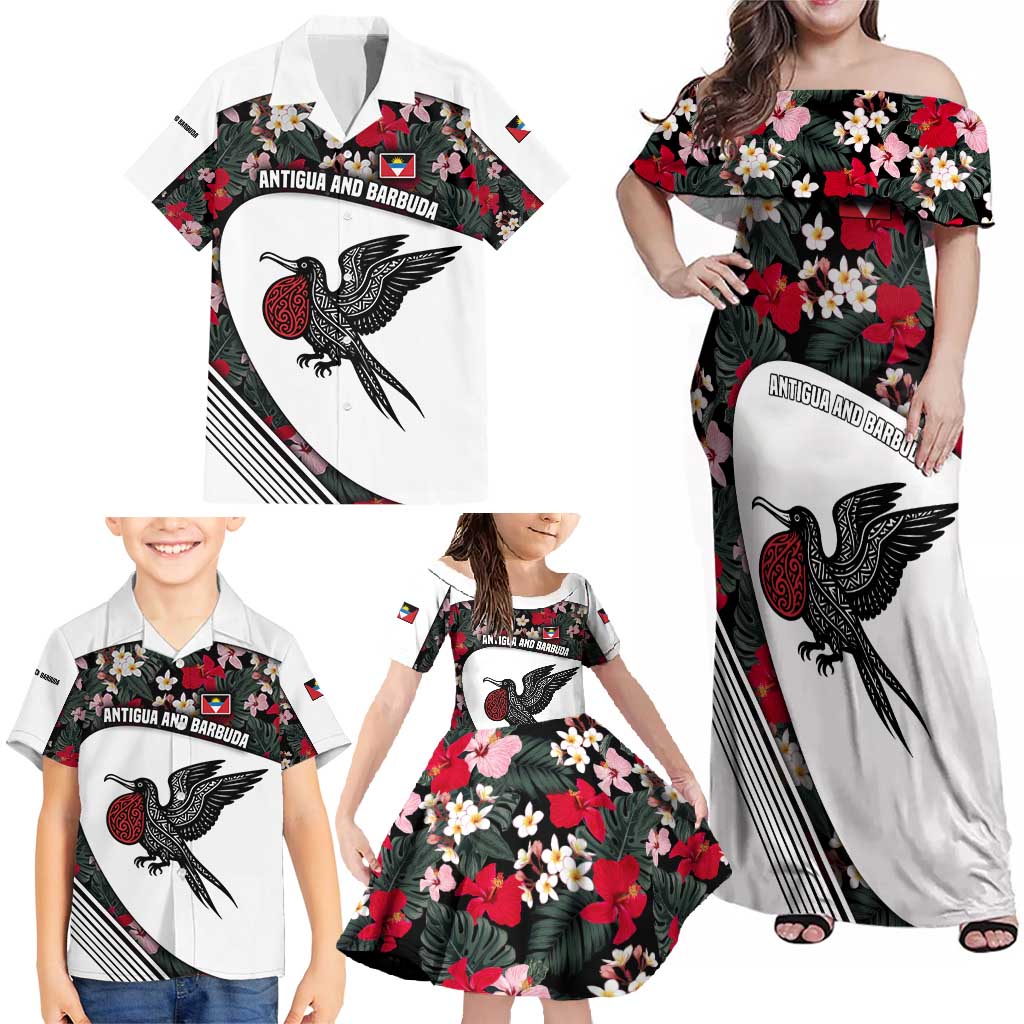 Antigua and Barbuda Hummingbird Family Matching Off Shoulder Maxi Dress and Hawaiian Shirt with Tribal Bird and Tropical Floral Design with Island Flag - Wonder Print Shop