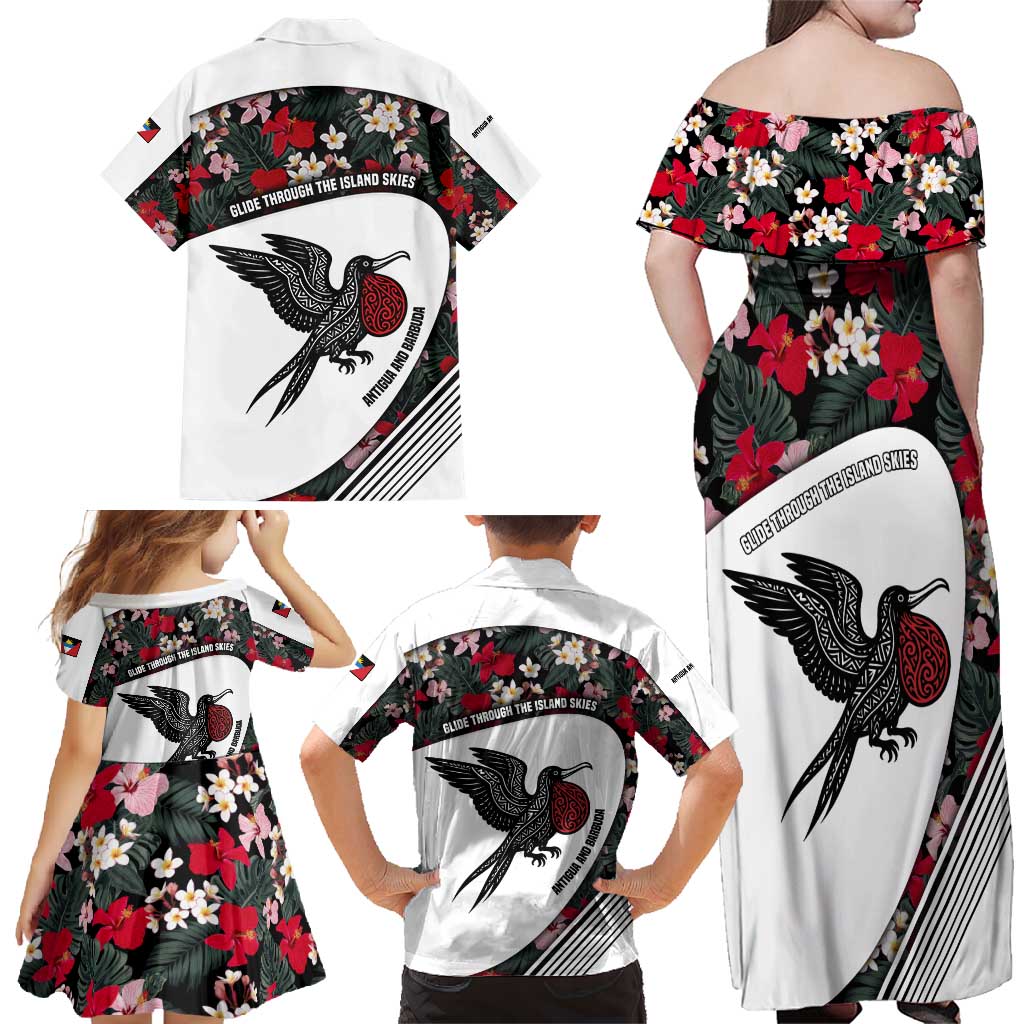 Antigua and Barbuda Hummingbird Family Matching Off Shoulder Maxi Dress and Hawaiian Shirt with Tribal Bird and Tropical Floral Design with Island Flag - Wonder Print Shop