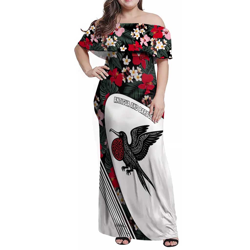 Antigua and Barbuda Hummingbird Family Matching Off Shoulder Maxi Dress and Hawaiian Shirt with Tribal Bird and Tropical Floral Design with Island Flag - Wonder Print Shop