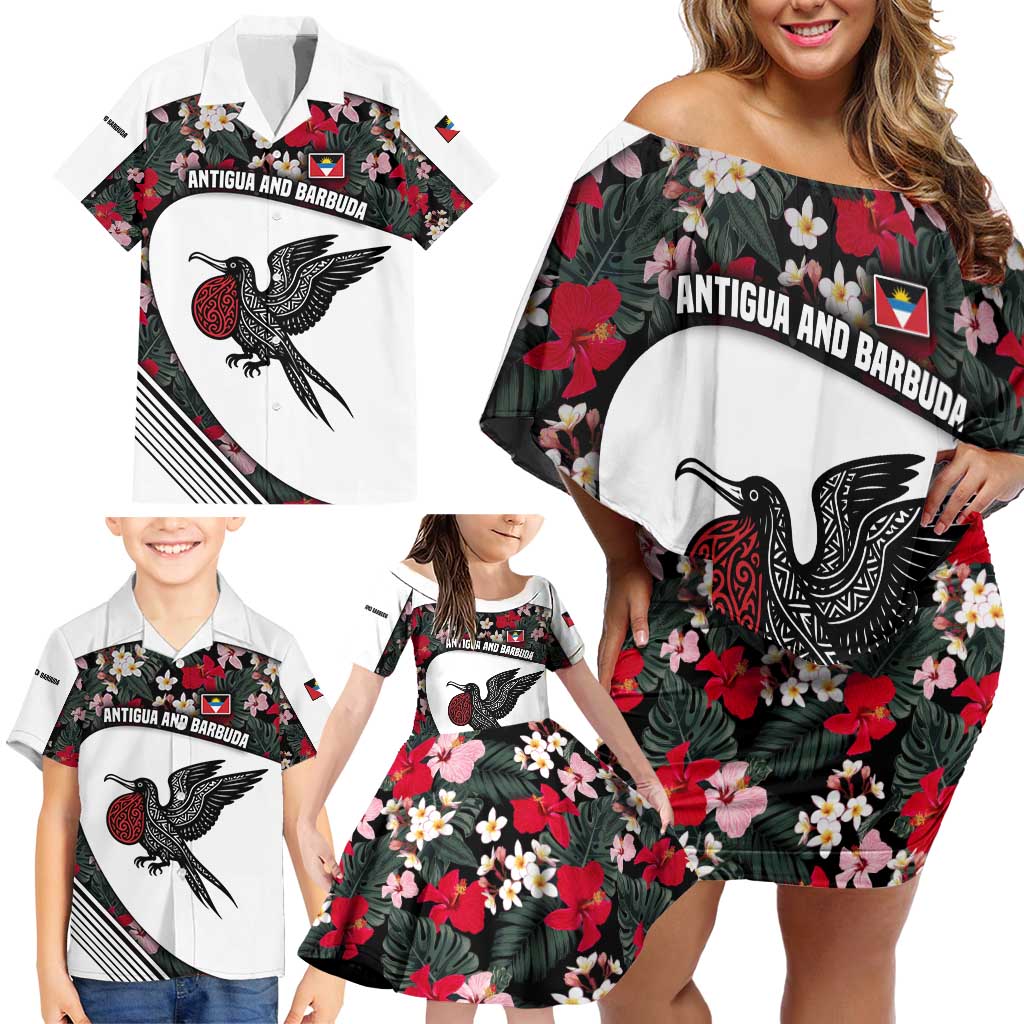 Antigua and Barbuda Hummingbird Family Matching Off Shoulder Short Dress and Hawaiian Shirt with Tribal Bird and Tropical Floral Design with Island Flag - Wonder Print Shop