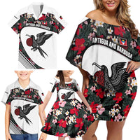 Antigua and Barbuda Hummingbird Family Matching Off Shoulder Short Dress and Hawaiian Shirt with Tribal Bird and Tropical Floral Design with Island Flag - Wonder Print Shop