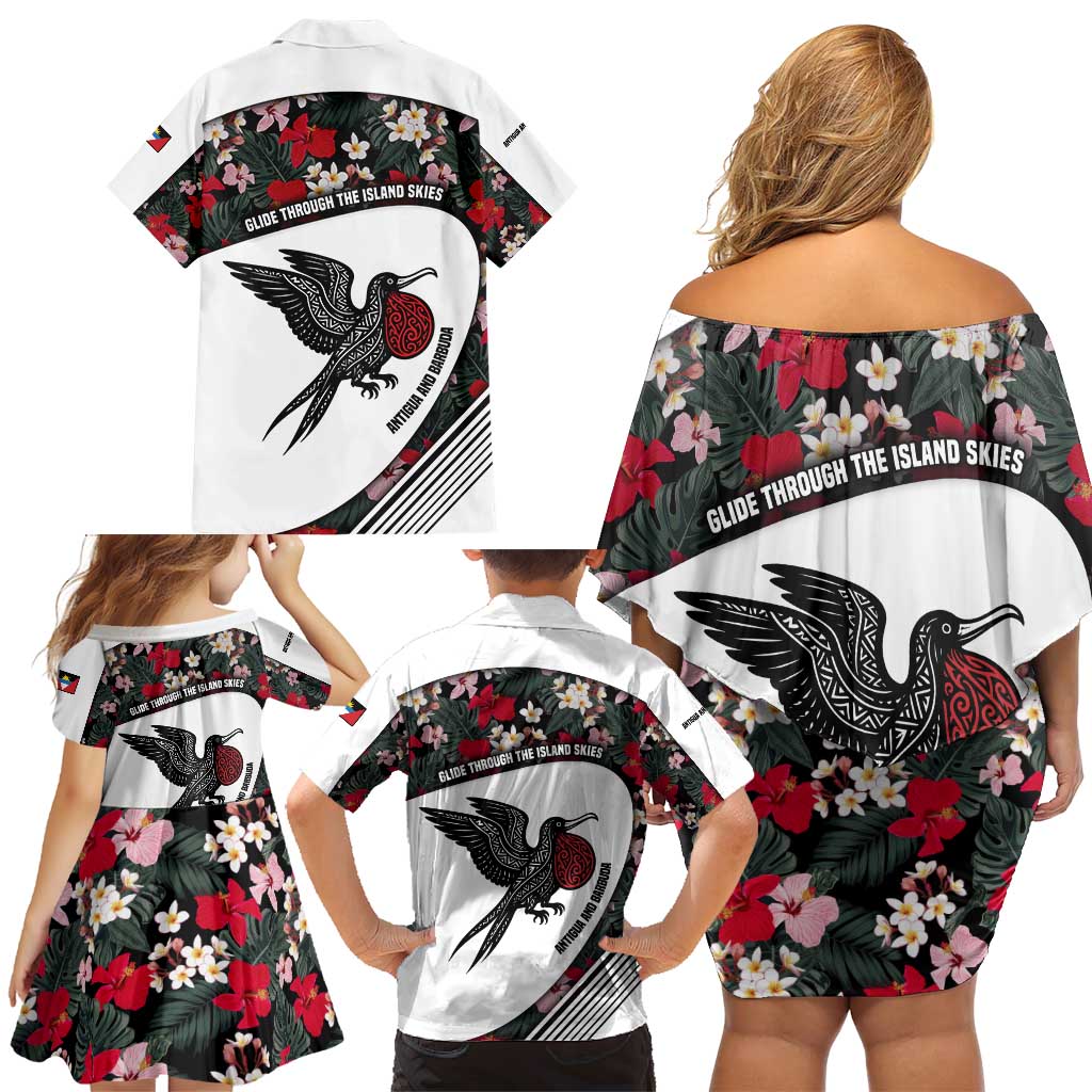 Antigua and Barbuda Hummingbird Family Matching Off Shoulder Short Dress and Hawaiian Shirt with Tribal Bird and Tropical Floral Design with Island Flag - Wonder Print Shop