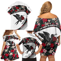 Antigua and Barbuda Hummingbird Family Matching Off Shoulder Short Dress and Hawaiian Shirt with Tribal Bird and Tropical Floral Design with Island Flag - Wonder Print Shop