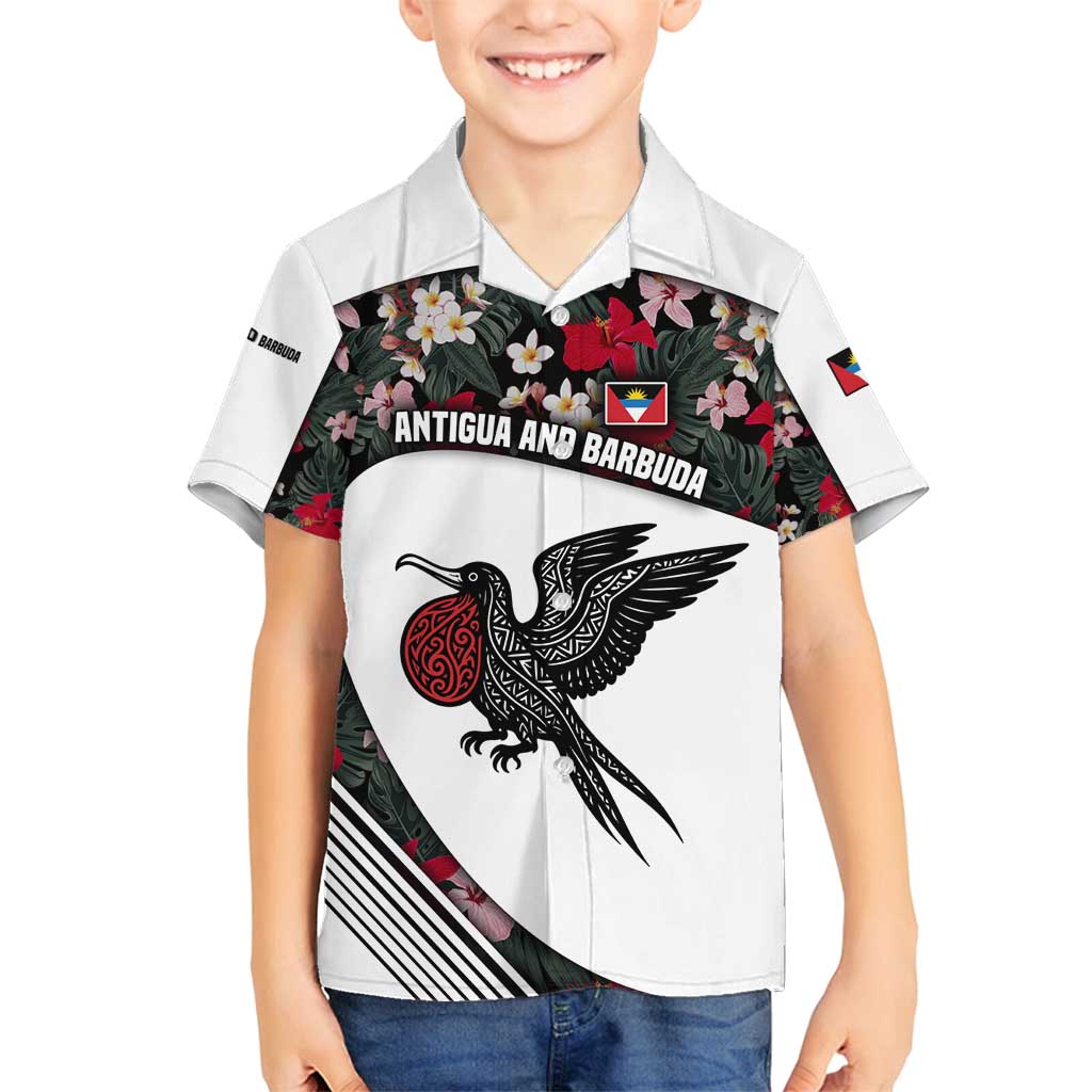 Antigua and Barbuda Hummingbird Family Matching Off Shoulder Short Dress and Hawaiian Shirt with Tribal Bird and Tropical Floral Design with Island Flag - Wonder Print Shop