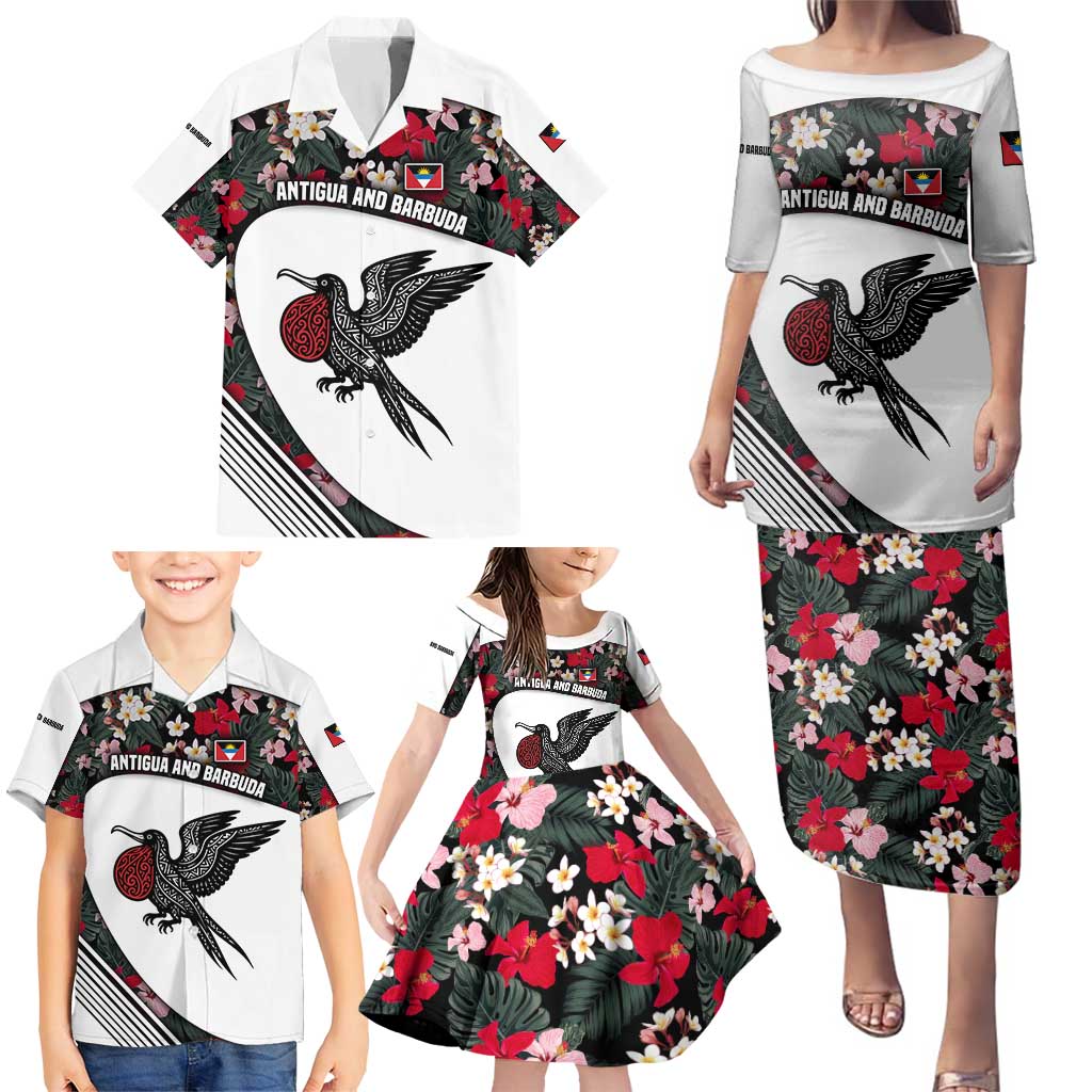 Antigua and Barbuda Hummingbird Family Matching Puletasi and Hawaiian Shirt with Tribal Bird and Tropical Floral Design with Island Flag - Wonder Print Shop