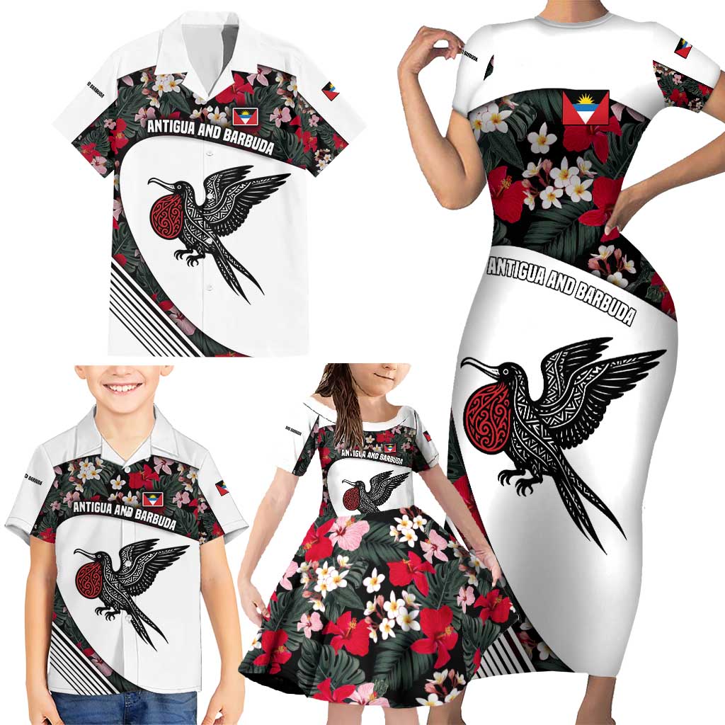 Antigua and Barbuda Hummingbird Family Matching Short Sleeve Bodycon Dress and Hawaiian Shirt with Tribal Bird and Tropical Floral Design with Island Flag - Wonder Print Shop