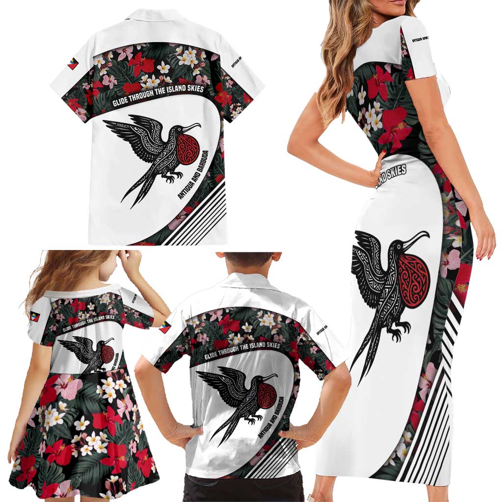 Antigua and Barbuda Hummingbird Family Matching Short Sleeve Bodycon Dress and Hawaiian Shirt with Tribal Bird and Tropical Floral Design with Island Flag - Wonder Print Shop
