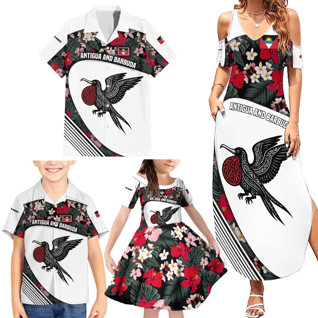 Antigua and Barbuda Hummingbird Family Matching Summer Maxi Dress and Hawaiian Shirt with Tribal Bird and Tropical Floral Design with Island Flag - Wonder Print Shop