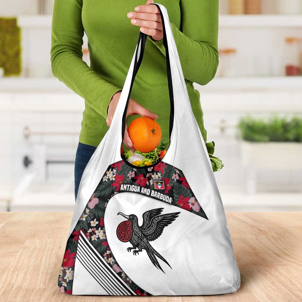 Antigua and Barbuda Hummingbird Grocery Bag with Tribal Bird and Tropical Floral Design with Island Flag - Wonder Print Shop