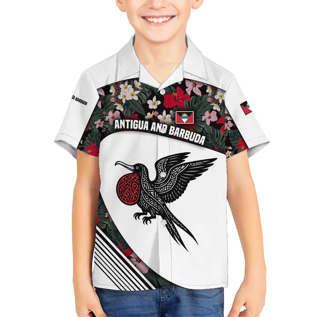 Antigua and Barbuda Hummingbird Kid Hawaiian Shirt with Tribal Bird and Tropical Floral Design with Island Flag - Wonder Print Shop