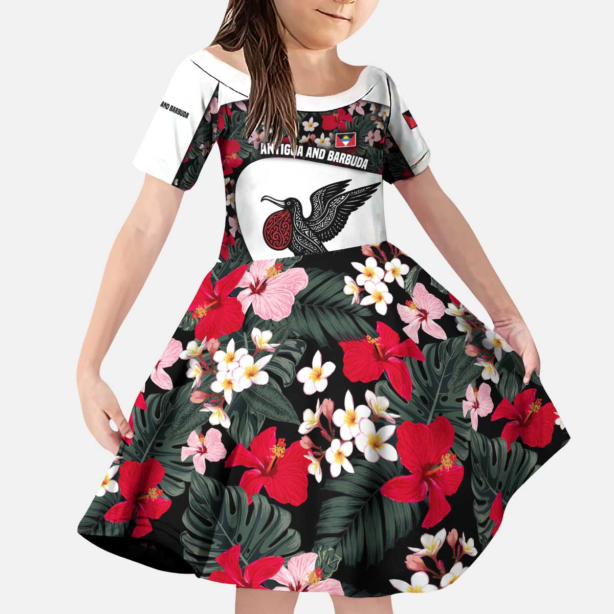 Antigua and Barbuda Hummingbird Kid Short Sleeve Dress with Tribal Bird and Tropical Floral Design with Island Flag - Wonder Print Shop