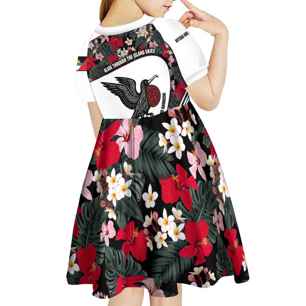 Antigua and Barbuda Hummingbird Kid Short Sleeve Dress with Tribal Bird and Tropical Floral Design with Island Flag - Wonder Print Shop