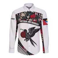 Antigua and Barbuda Hummingbird Long Sleeve Button Shirt with Tribal Bird and Tropical Floral Design with Island Flag - Wonder Print Shop
