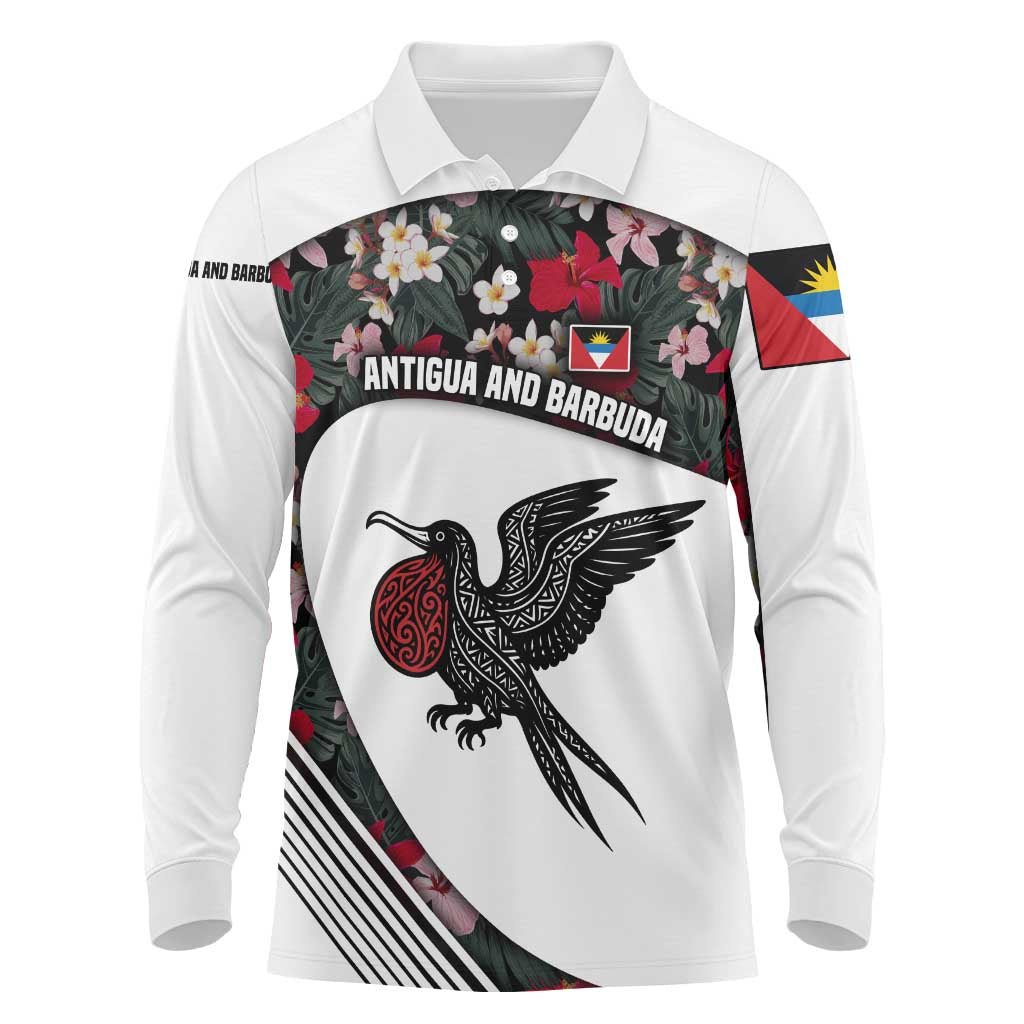 Antigua and Barbuda Hummingbird Long Sleeve Polo Shirt with Tribal Bird and Tropical Floral Design with Island Flag - Wonder Print Shop
