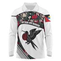 Antigua and Barbuda Hummingbird Long Sleeve Polo Shirt with Tribal Bird and Tropical Floral Design with Island Flag - Wonder Print Shop