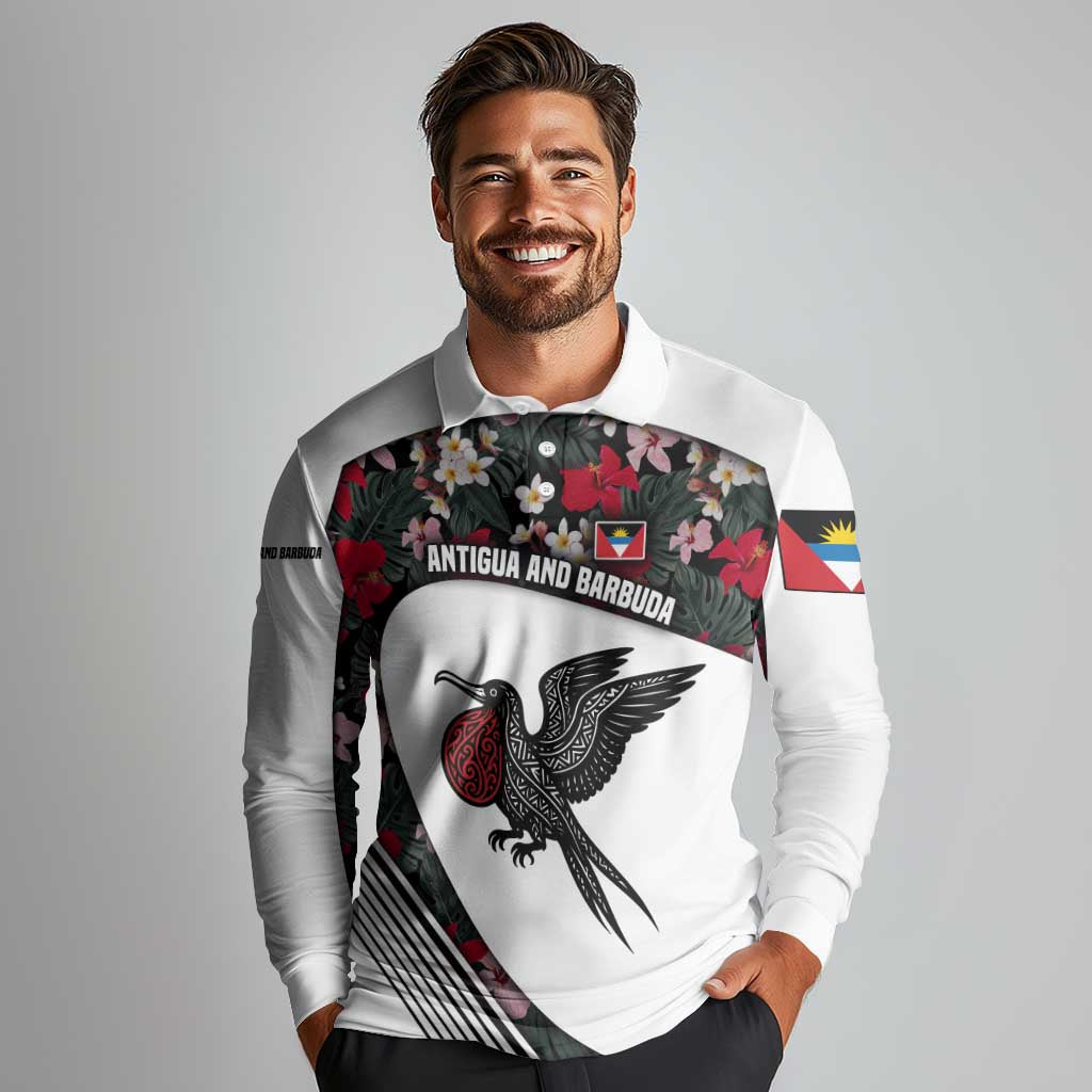 Antigua and Barbuda Hummingbird Long Sleeve Polo Shirt with Tribal Bird and Tropical Floral Design with Island Flag - Wonder Print Shop