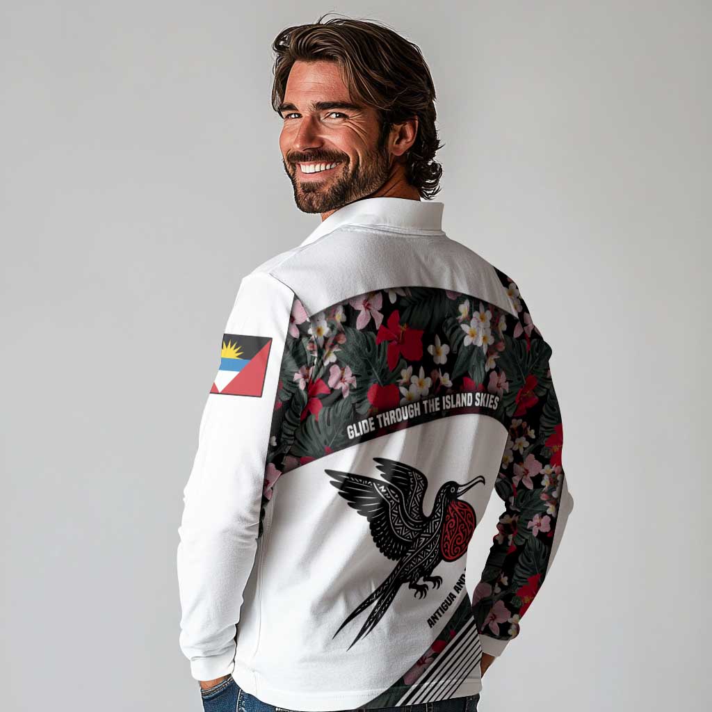 Antigua and Barbuda Hummingbird Long Sleeve Polo Shirt with Tribal Bird and Tropical Floral Design with Island Flag - Wonder Print Shop