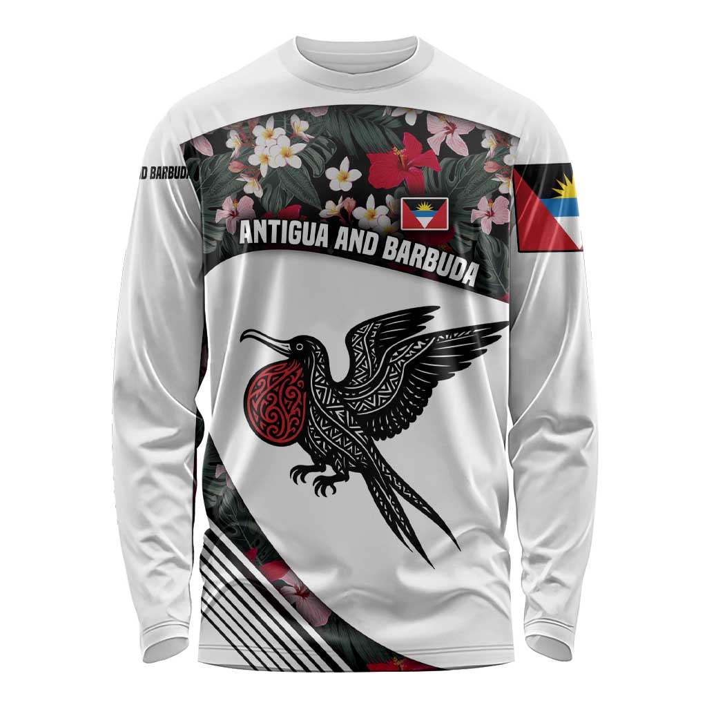 Antigua and Barbuda Hummingbird Long Sleeve Shirt with Tribal Bird and Tropical Floral Design with Island Flag - Wonder Print Shop