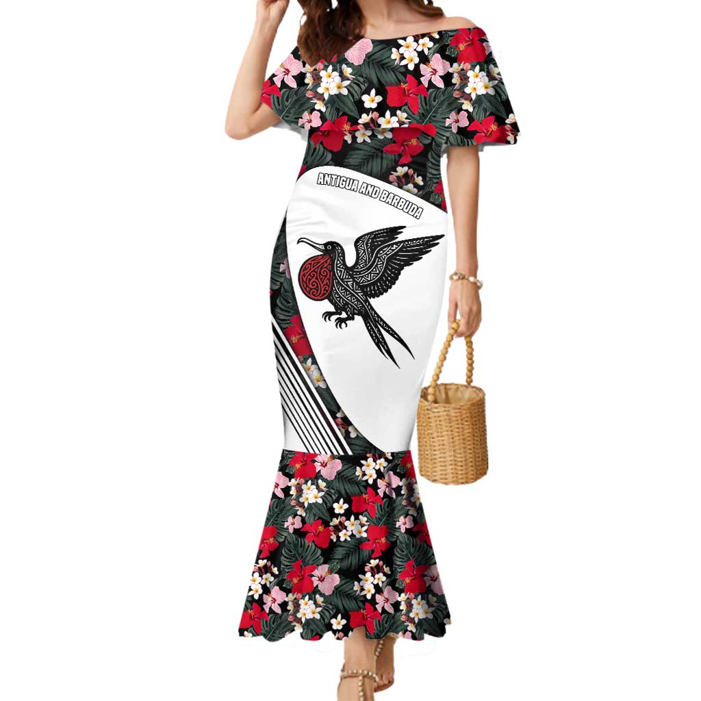 Antigua and Barbuda Hummingbird Mermaid Dress with Tribal Bird and Tropical Floral Design with Island Flag - Wonder Print Shop