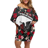 Antigua and Barbuda Hummingbird Off Shoulder Short Dress with Tribal Bird and Tropical Floral Design with Island Flag - Wonder Print Shop