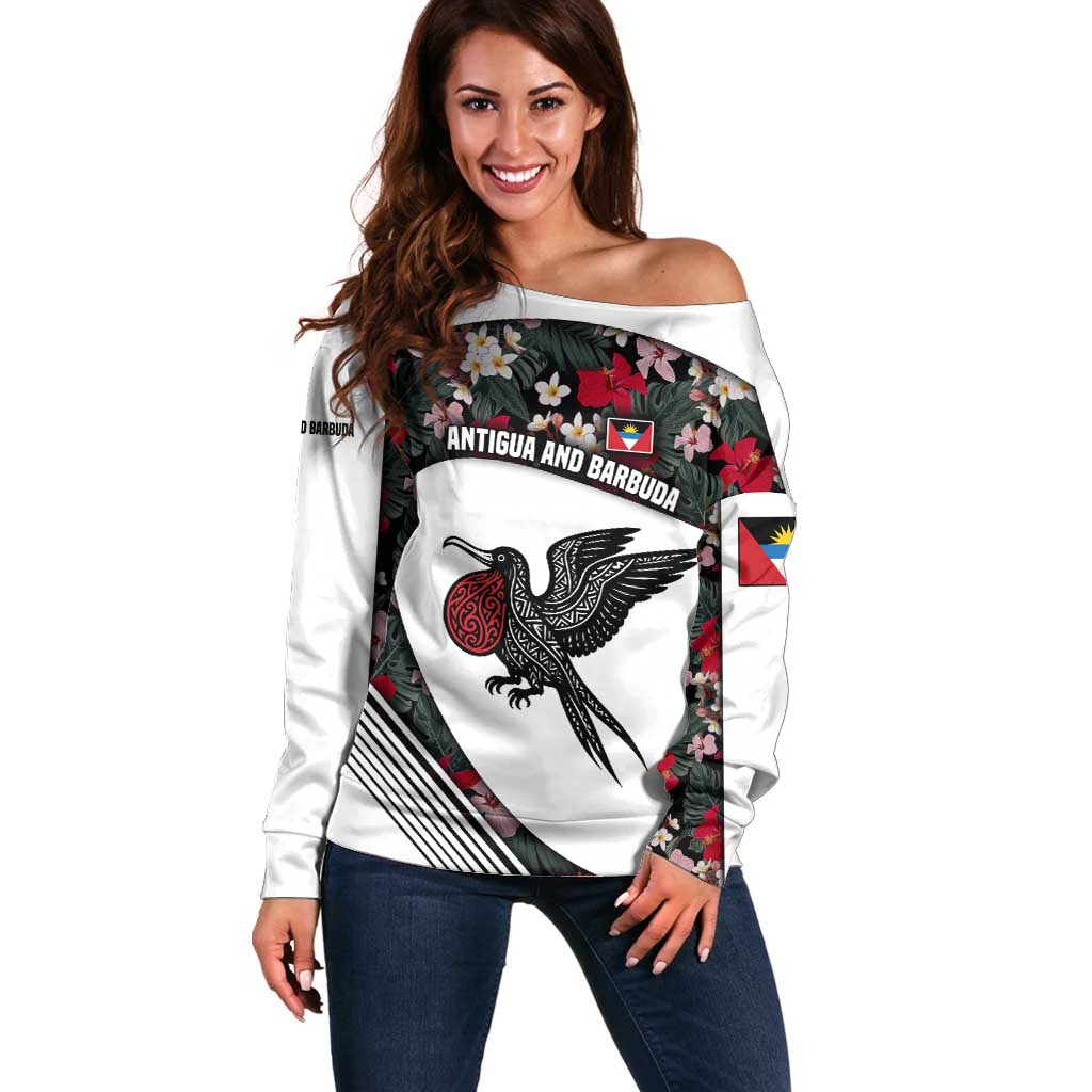 Antigua and Barbuda Hummingbird Off Shoulder Sweater with Tribal Bird and Tropical Floral Design with Island Flag - Wonder Print Shop
